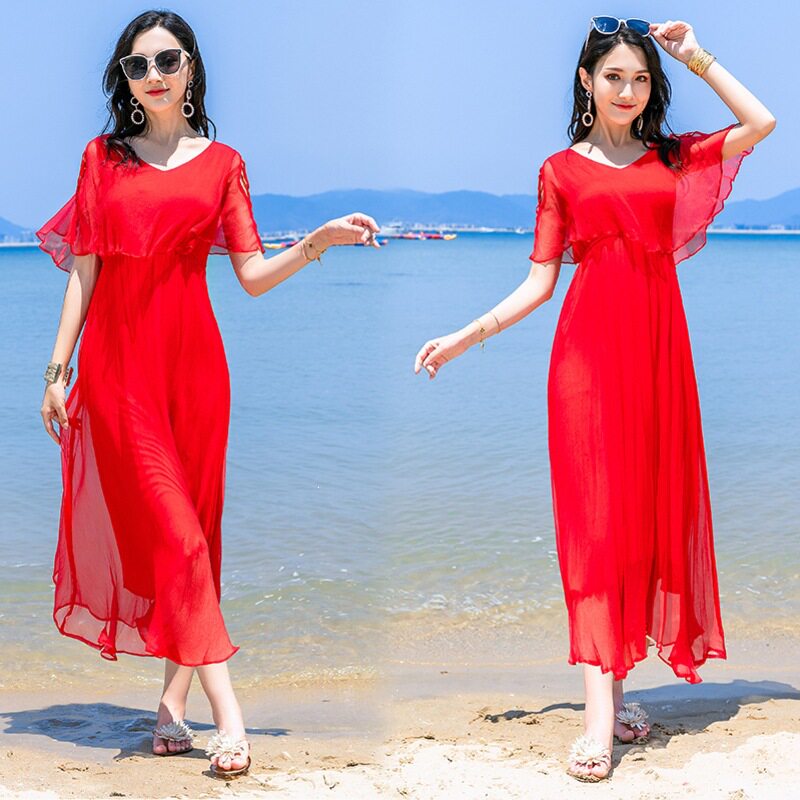 度假沙滩裙女夏很仙的连衣裙桑蚕丝新款波西米亚纯色巴厘岛海边