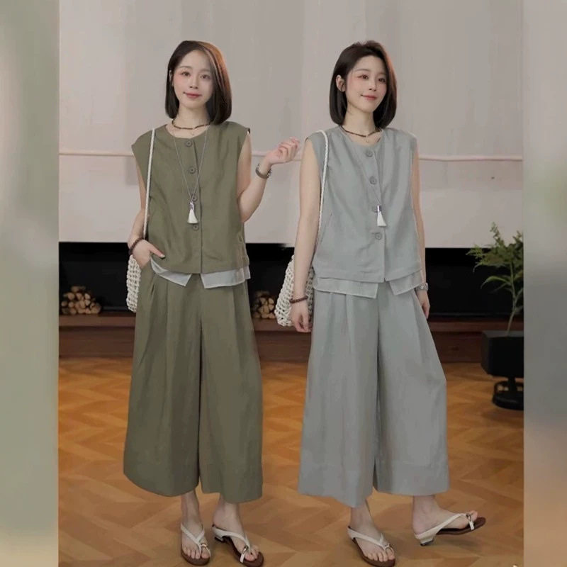 韩版棉麻圆领网纱拼接无袖马甲上衣女2026夏季新款阔腿七分裤套装