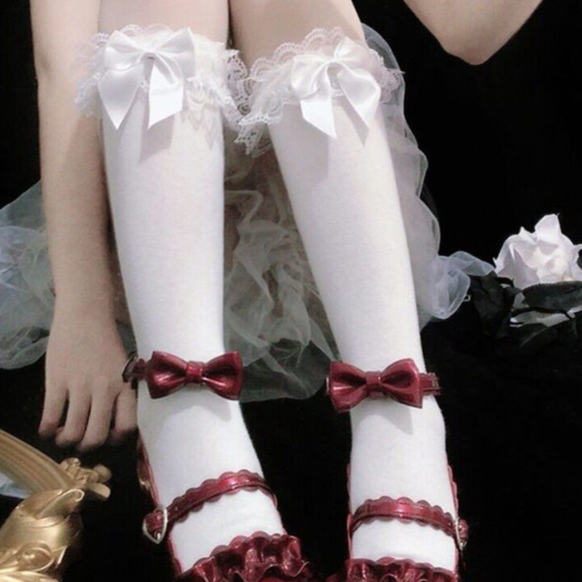 日系蕾丝蝴蝶结半截中筒女袜Lolita花边少女可爱百搭软妹jk小腿袜