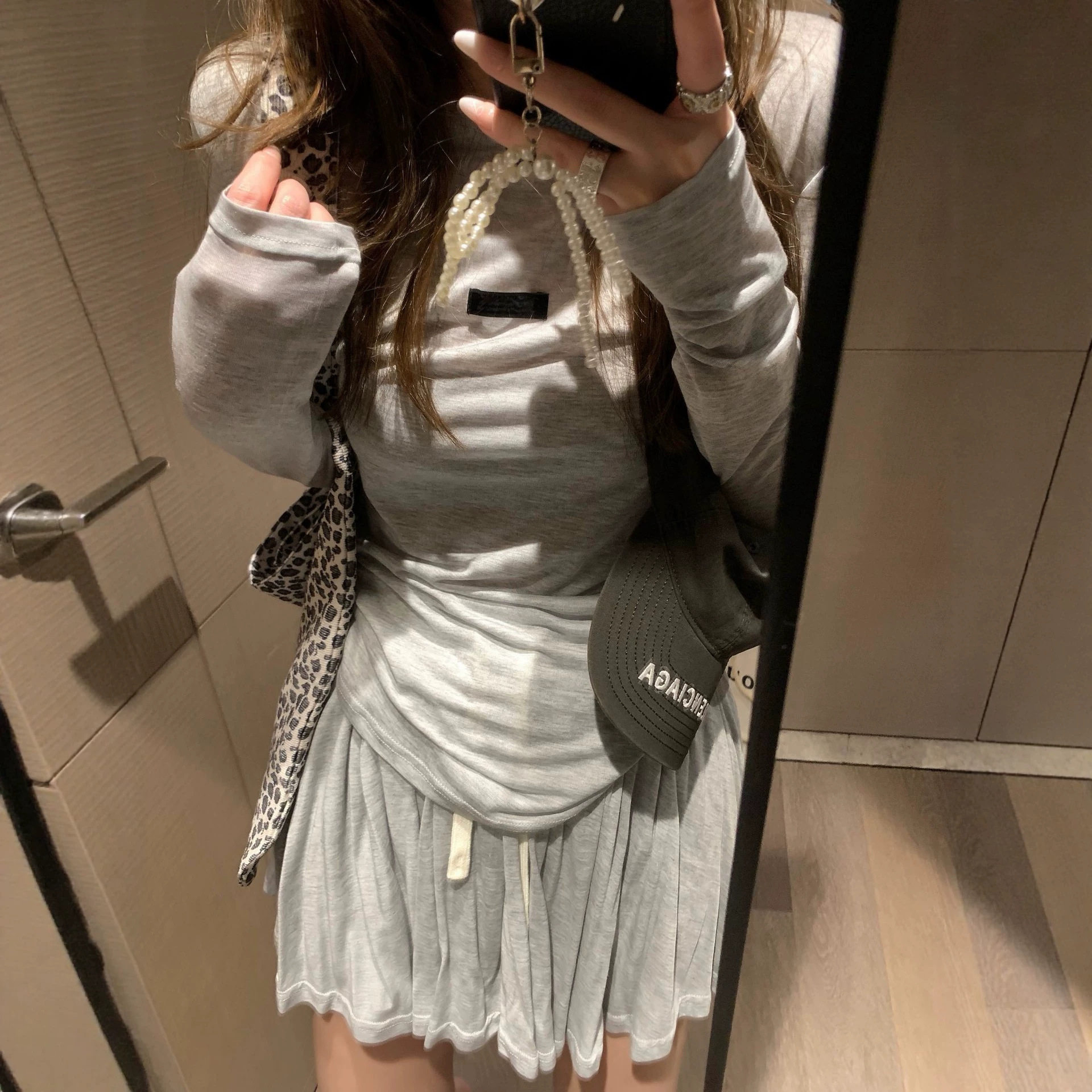 miu系灰色修身T恤 套装女夏季a字半身裙休闲两件套套装天丝G1897
