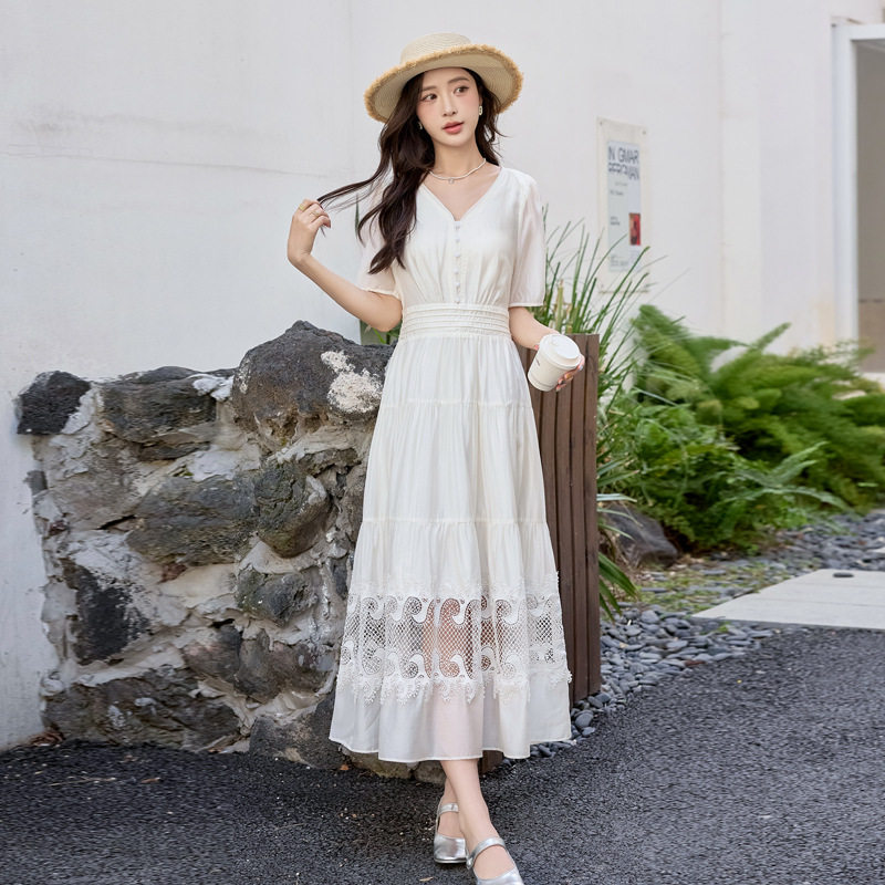 时尚连衣裙女2025夏季新款穿搭短袖蕾丝拼接显瘦高腰长裙子ME5596