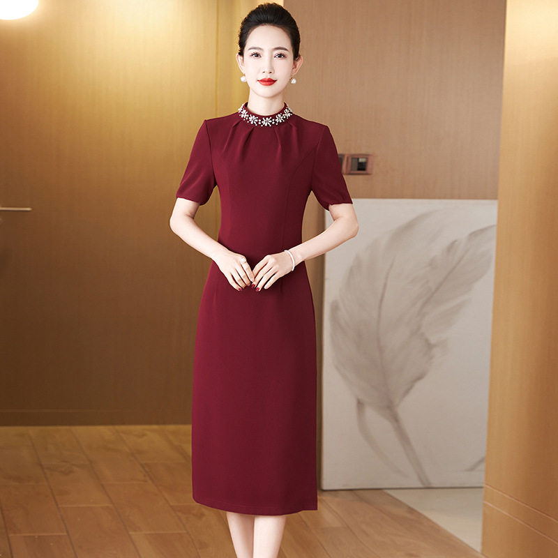 夏季短袖新品酒红色中长款喜婆婆嫁女儿婚宴礼服妈妈装连衣裙