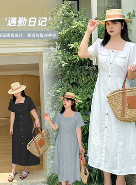 伊诺大码女装法式方领休闲连衣裙夏高腰显瘦通勤长裙232385