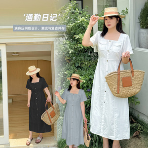 伊诺大码女装法式方领休闲连衣裙夏高腰显瘦通勤长裙232385