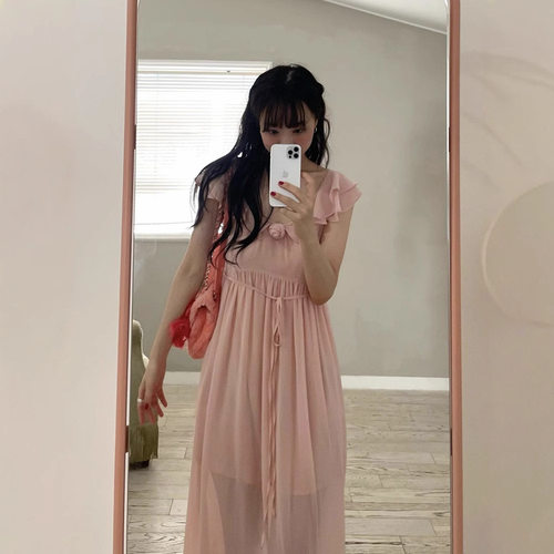 现货 纯色荷叶边系带连衣裙2025夏季女韩系无袖青春感长裙flet*a