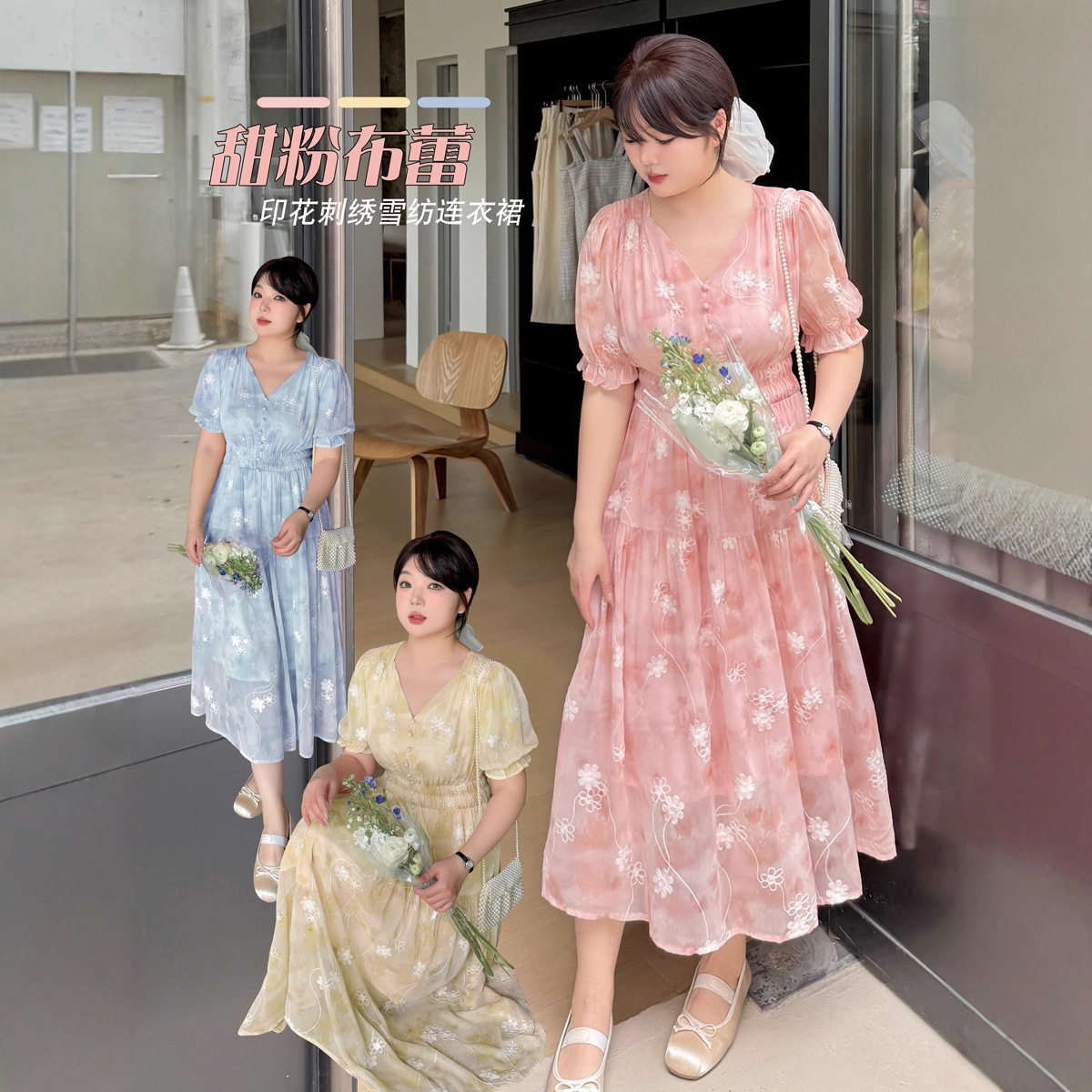 k2999大码女装2025夏新款泡泡袖雪纺印花刺绣连衣裙胖妹妹仙女裙