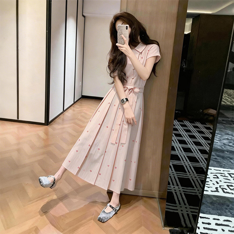 粉色衬衫连衣裙女26夏季新款掐腰小个子超好看长裙子小个子连衣裙