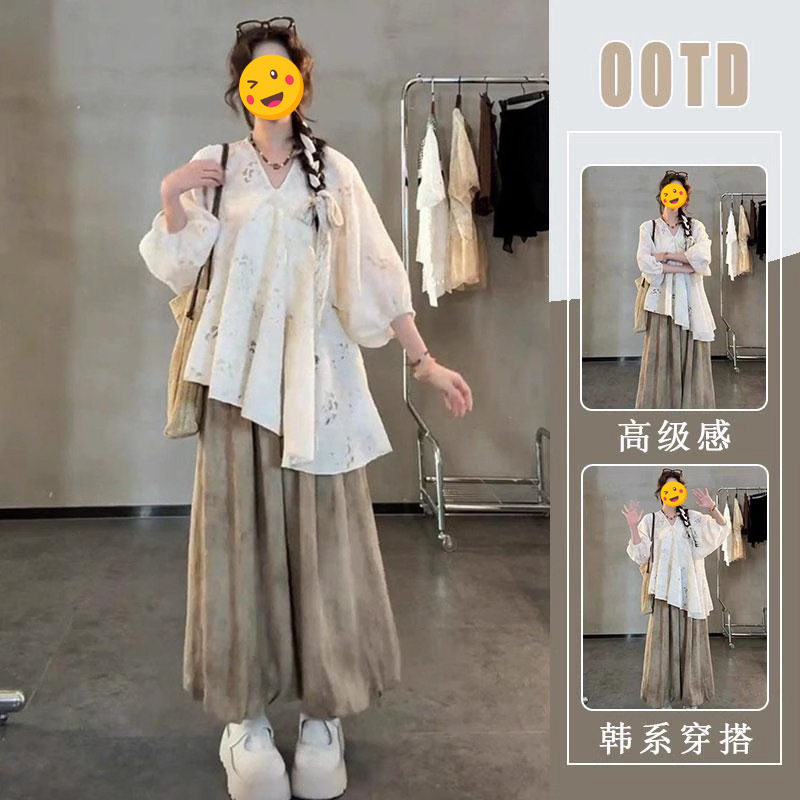 新中式V领不规则衬衫夏季宽松显瘦休闲时尚上衣灯笼阔腿裤套装女