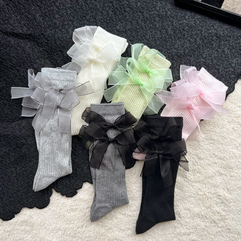 夏季网纱蝴蝶结手工袜子侧面双层蝴蝶结芭蕾风小红书中筒堆堆袜