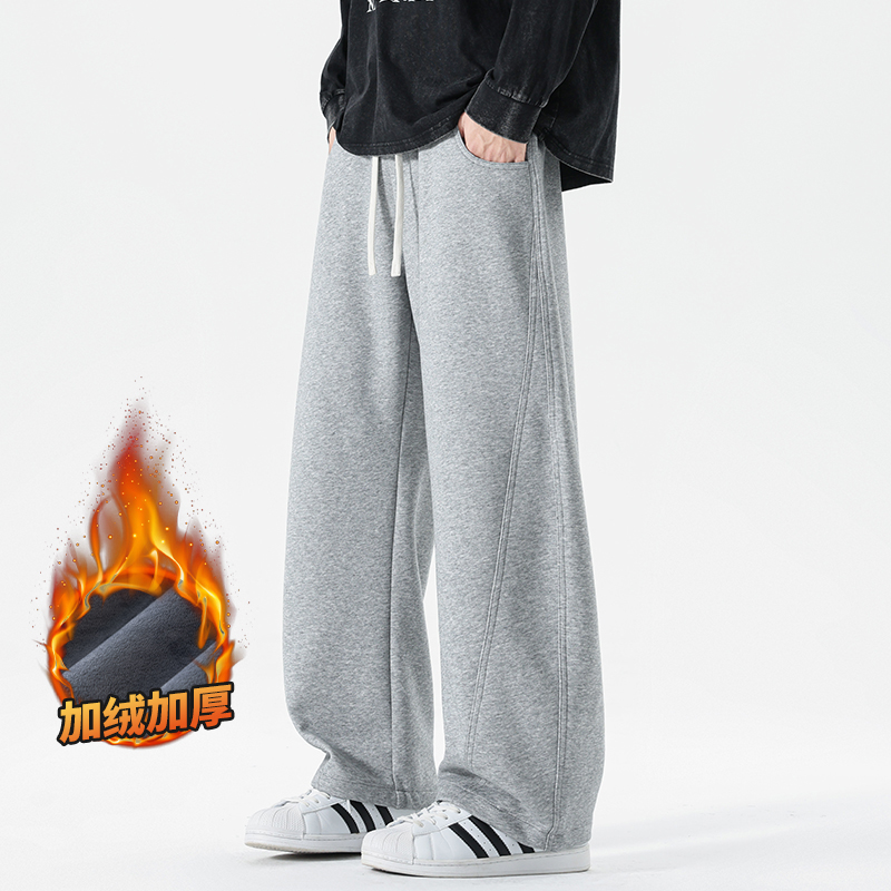 加绒加厚冬装新款潮牌针织弯刀休闲裤男宽松百搭直筒拼接保暖卫裤