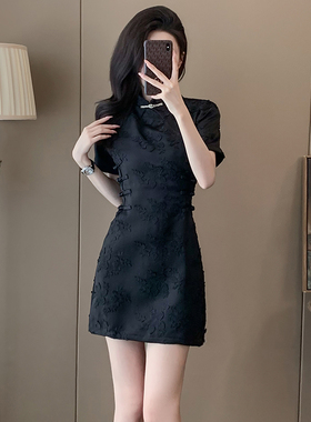 新中式黑色旗袍连衣裙女秋季高级感超好看气质显瘦小个子收腰短裙