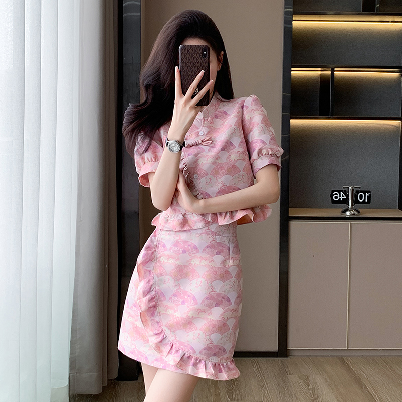 夏季新款花套装短袖碎花显瘦气质短款时尚复古中国风两件套裙子女