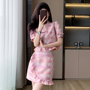 新款 时尚 花套装 碎花显瘦气质短款 复古中国风两件套裙子女 短袖 夏季