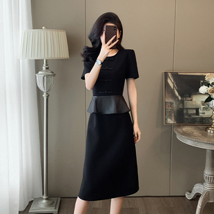 夏季法式小众收腰黑色短袖连衣裙女气质设计感复古假两件拼接裙子