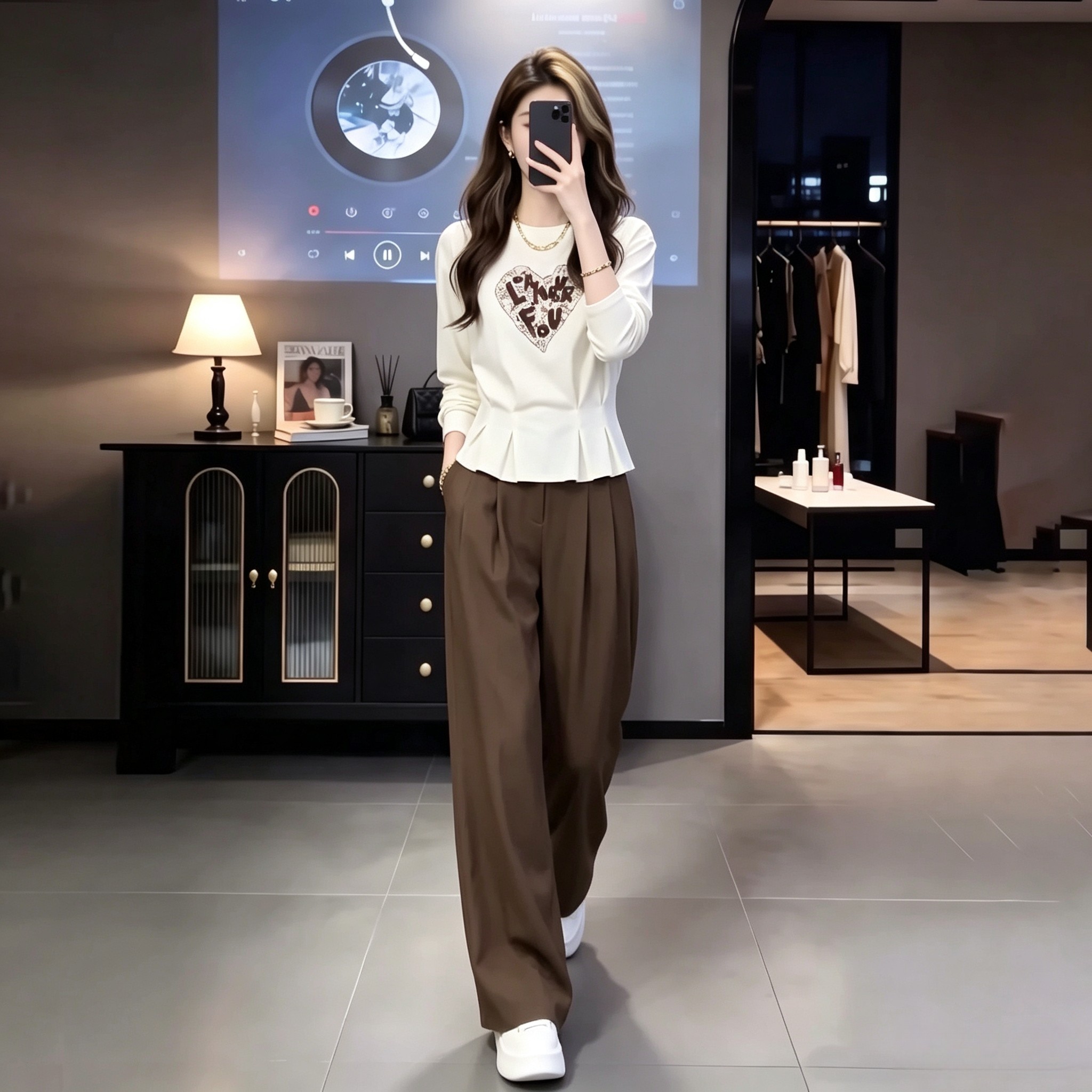 春秋通勤简约爱心印花阔腿套装女