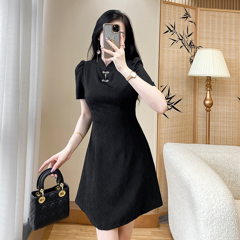 夏季气质显瘦小黑裙小个子黑色复古国风收腰女装连衣裙设计感名媛
