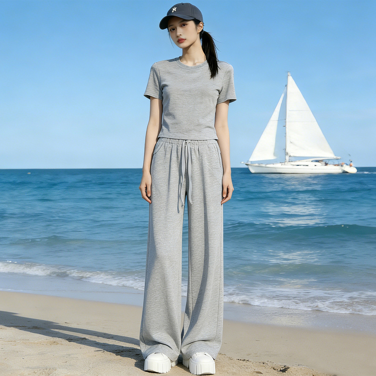 休闲慵懒风短袖阔腿裤套装女夏季高级感减龄两件套运动穿搭2026新