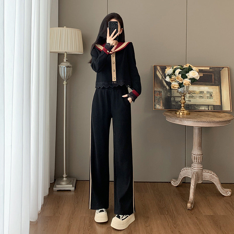 法式高级感时尚套装女秋季减龄学院风海军领长袖上衣阔腿裤两件套