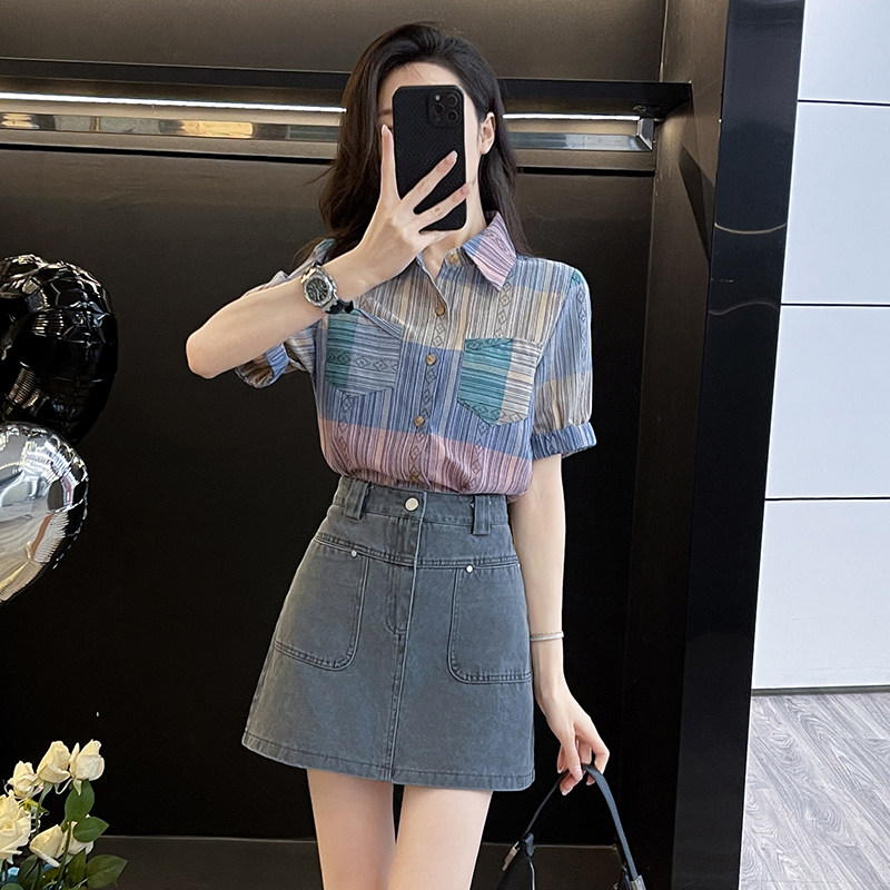 夏季2025新款港风小个子洋气时尚套装女装拼色短袖衬衫短裙两件套