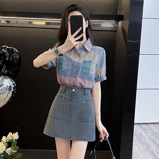 夏季2025新款港风小个子洋气时尚套装女装拼色短袖衬衫短裙两件套