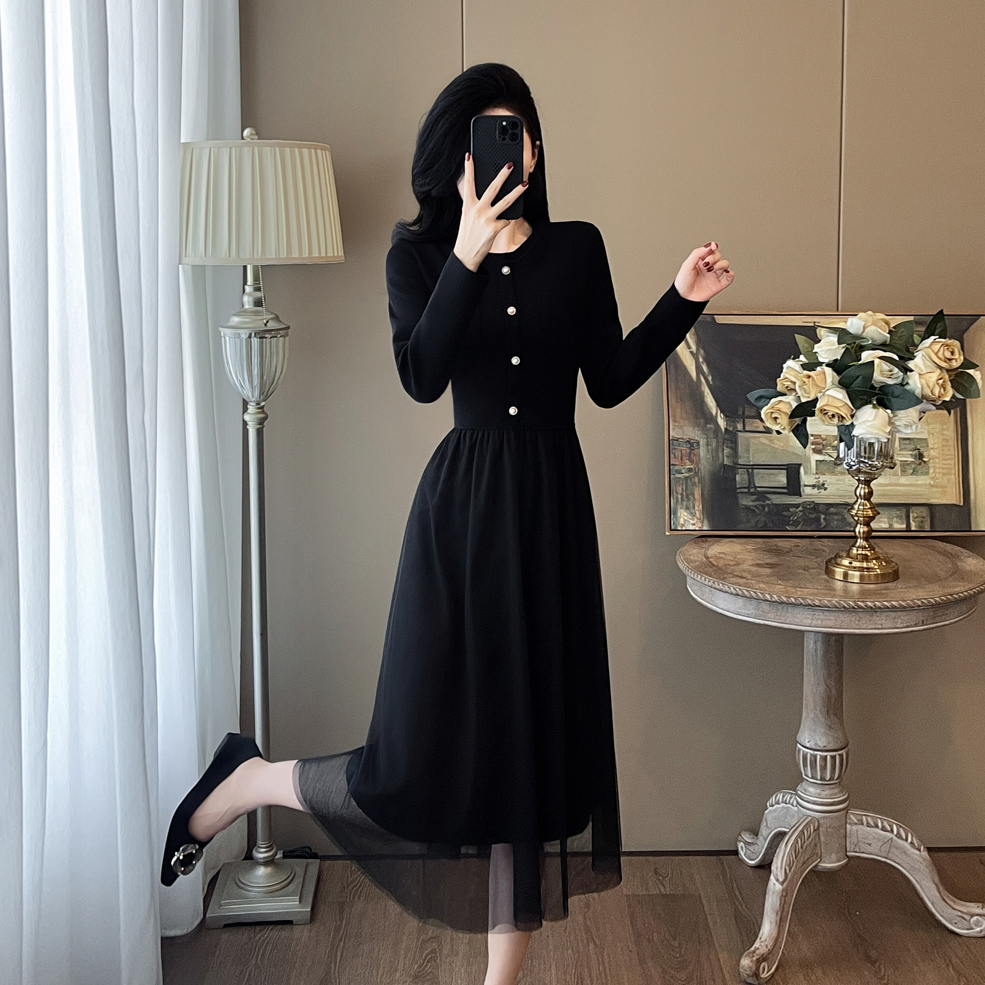 高端法式黑色针织连衣裙女春装2026气质修身礼服显瘦打底毛衣长裙,女装/女士精品,连衣裙,淘宝优惠券,粉丝福利购,淘宝优惠卷