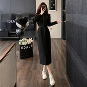 高级感小众连衣裙女秋2023新款 收腰显瘦黑色中长款 卫衣裙休闲气质