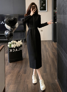 高级感小众连衣裙女秋2023新款收腰显瘦黑色中长款卫衣裙休闲气质