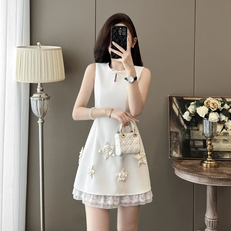 千金风白色蕾丝拼接连衣裙女夏季气质收腰显瘦网纱裙小礼服小个子