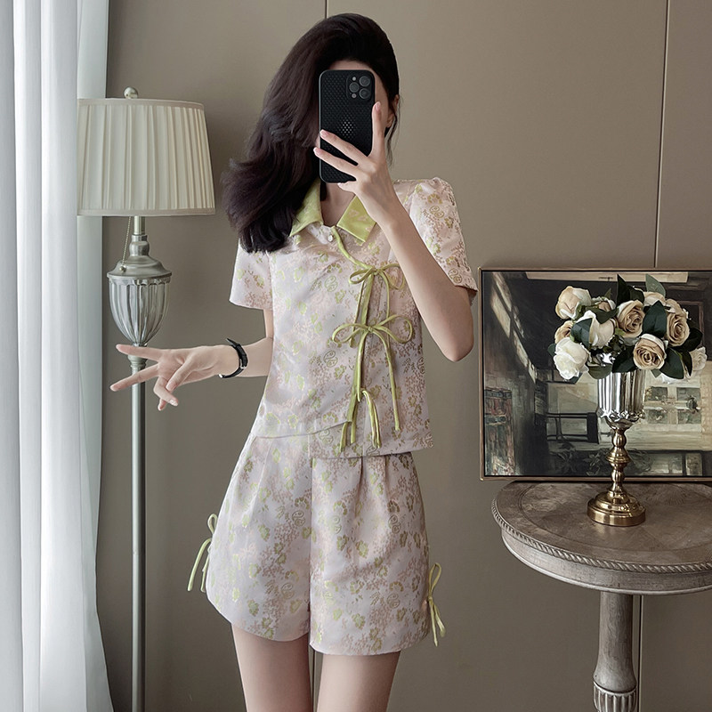 夏季新款短袖碎花气质显瘦时尚复古法式中国风两件套提花套装裤女
