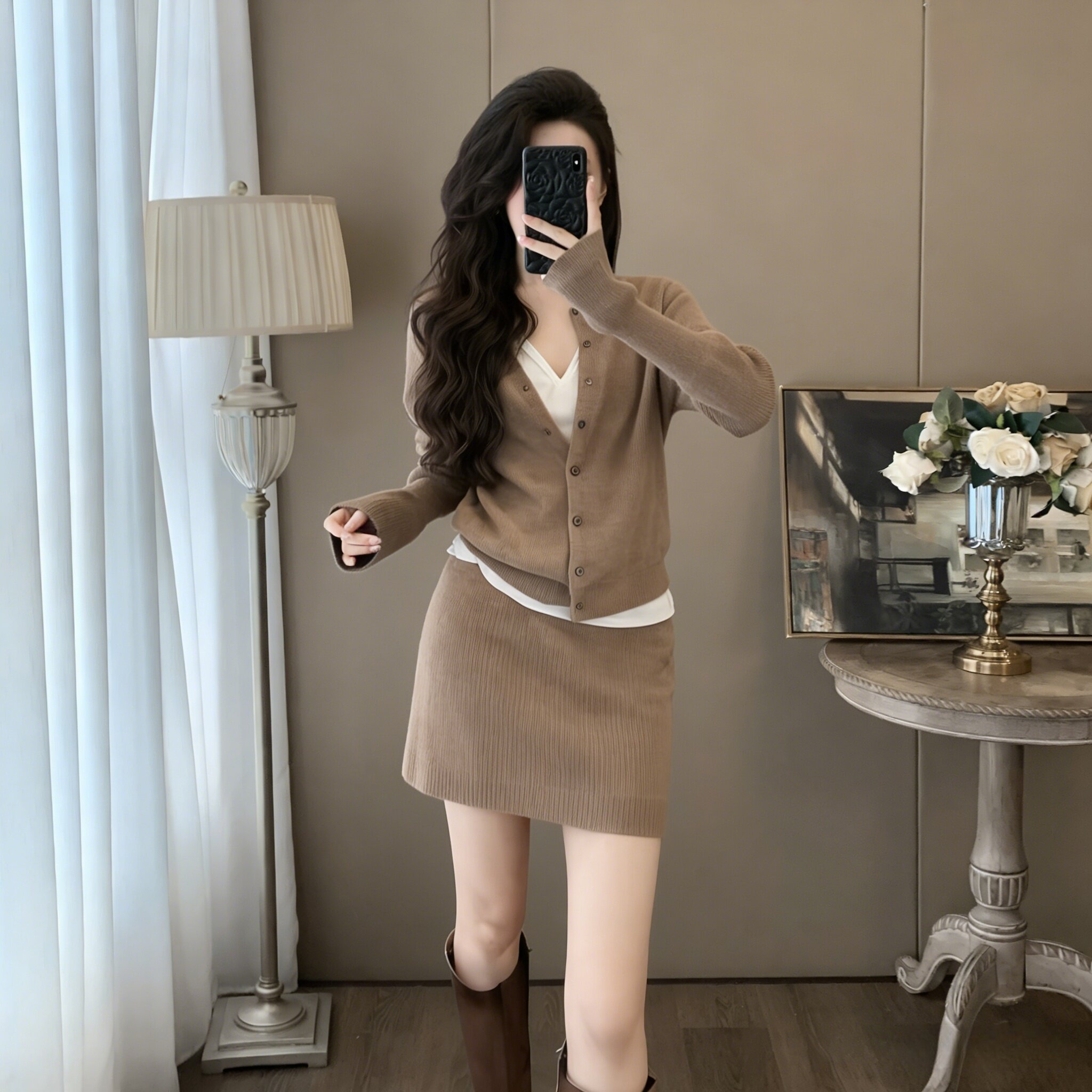 轻奢针织开衫短裙两件套女显瘦