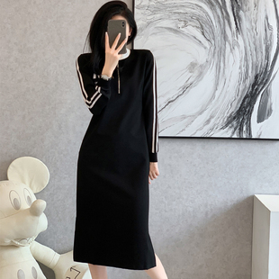 黑色卫衣裙女2022秋冬季新款韩版中长款过膝休闲运动连衣裙子加厚