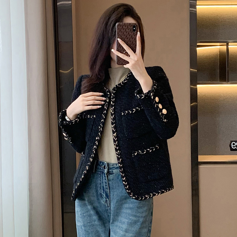 素烨小香风黑色毛呢外套女显瘦