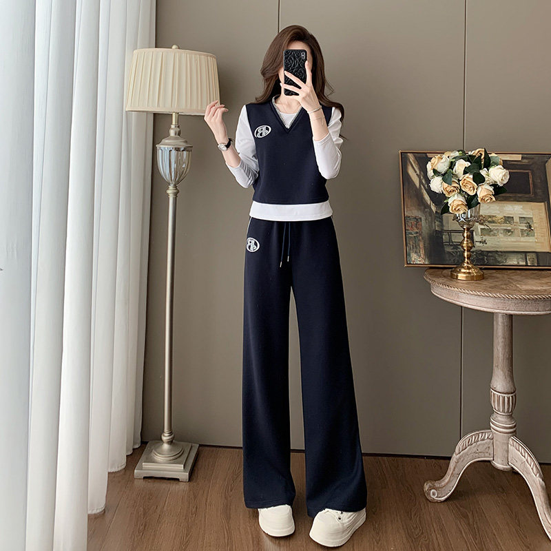 韩系休闲运动套装女装2026新款春季阔腿裤显瘦洋气减龄两件套撞色
