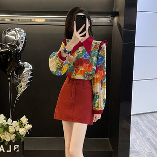 港风复古时尚套装裙女秋季新款高级感红色印花衬衫高腰短裙两件套