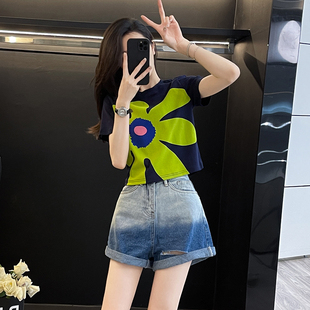 2025夏天穿搭一整套女装时尚减龄蓝色短袖T恤牛仔短裤洋气两件套