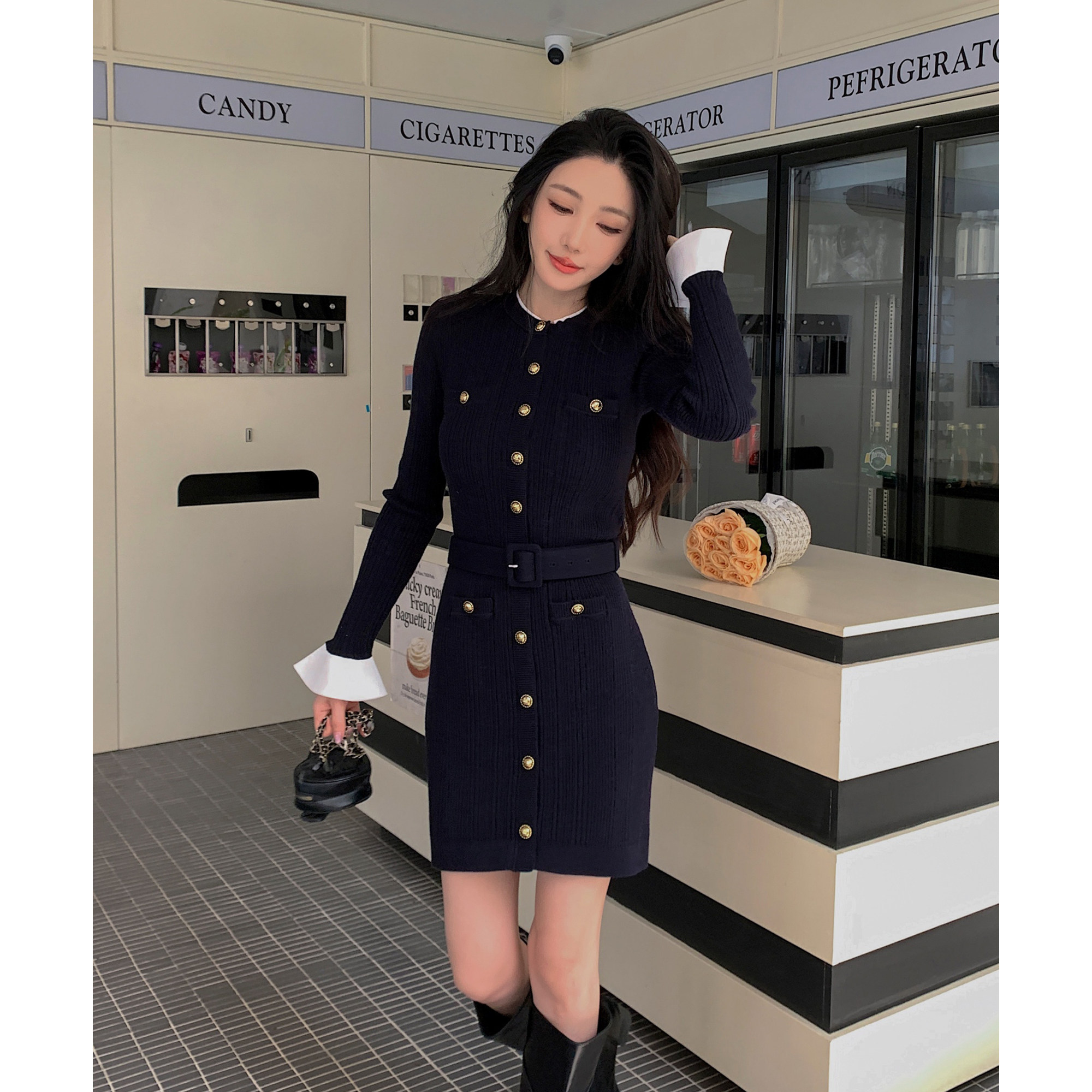 小香风针织收腰显瘦包臀连衣裙