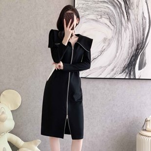 茶歇法式连衣裙女秋2023新款设计感遮肚子显瘦黑色高级感裙子气质