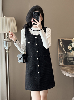 小香风毛呢背心连衣裙女秋冬小个子法式内搭打底黑色裙子显瘦套装