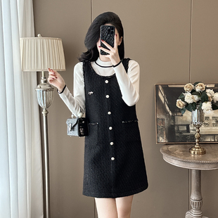 小香风毛呢背心连衣裙女秋冬小个子法式内搭打底黑色裙子显瘦套装
