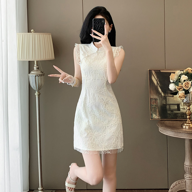 新中式国风盘扣蕾丝连衣裙女夏季2025新款小个子绝美改良旗袍裙子