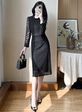 蕾丝连衣裙2025新款女秋季长袖黑色长裙高级感气质修身显瘦包臀裙