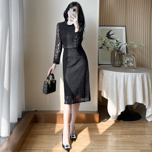 黑色长裙高级感气质修身 长袖 显瘦包臀裙 女秋季 蕾丝连衣裙2025新款