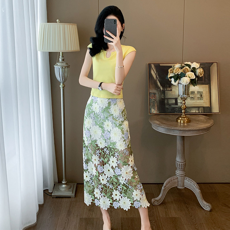 夏装搭配一整套时尚休闲套装裙轻熟减龄蕾丝半身裙子两件套装洋气