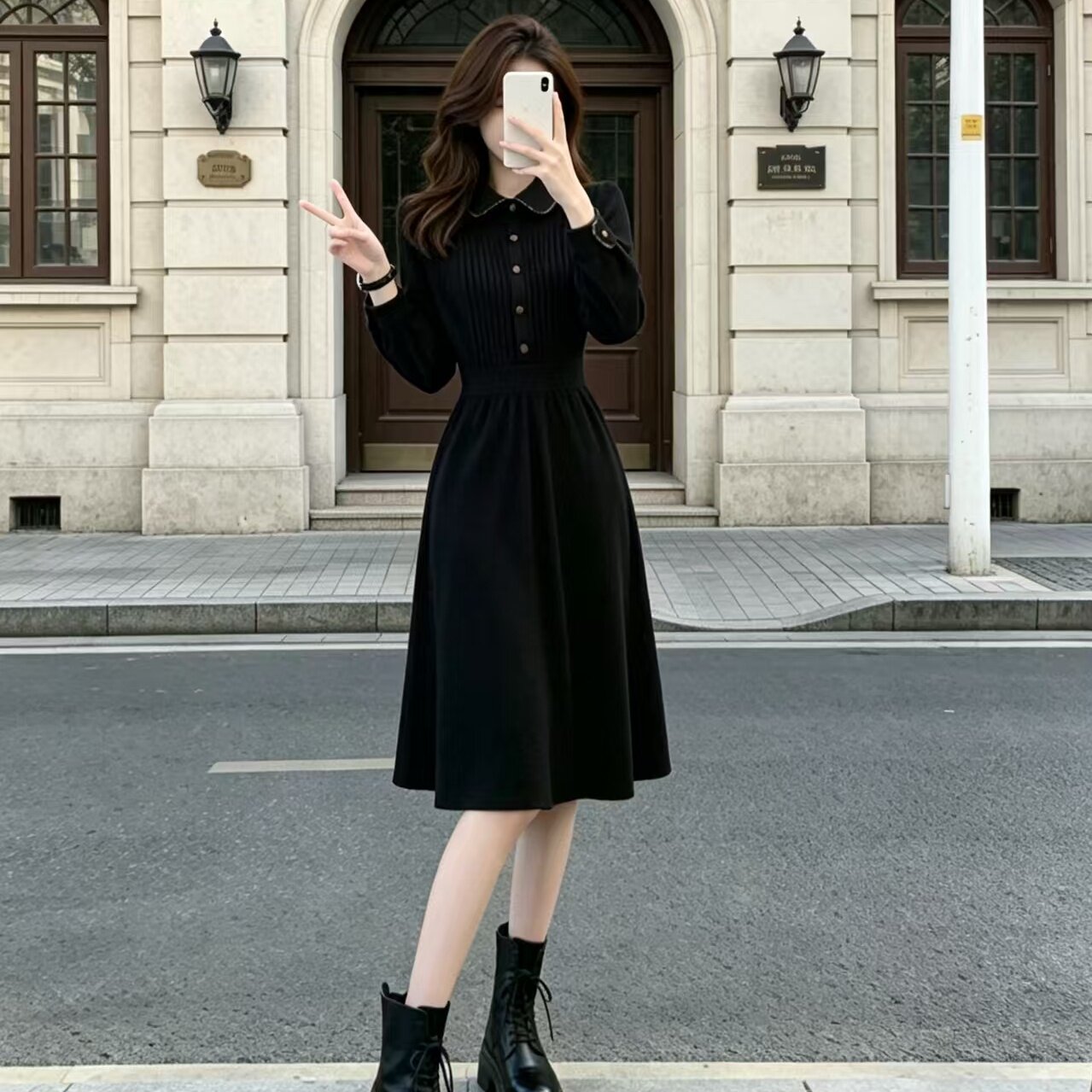 赫本风法式娃娃领显瘦连衣裙