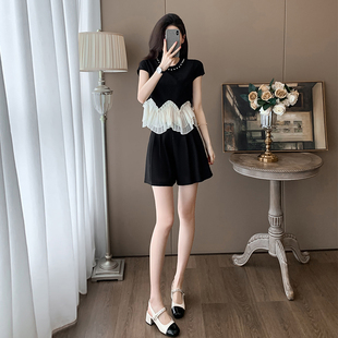 夏季显瘦气质小个子高腰时尚休闲黑色法式小众收腰两件套裤装女装