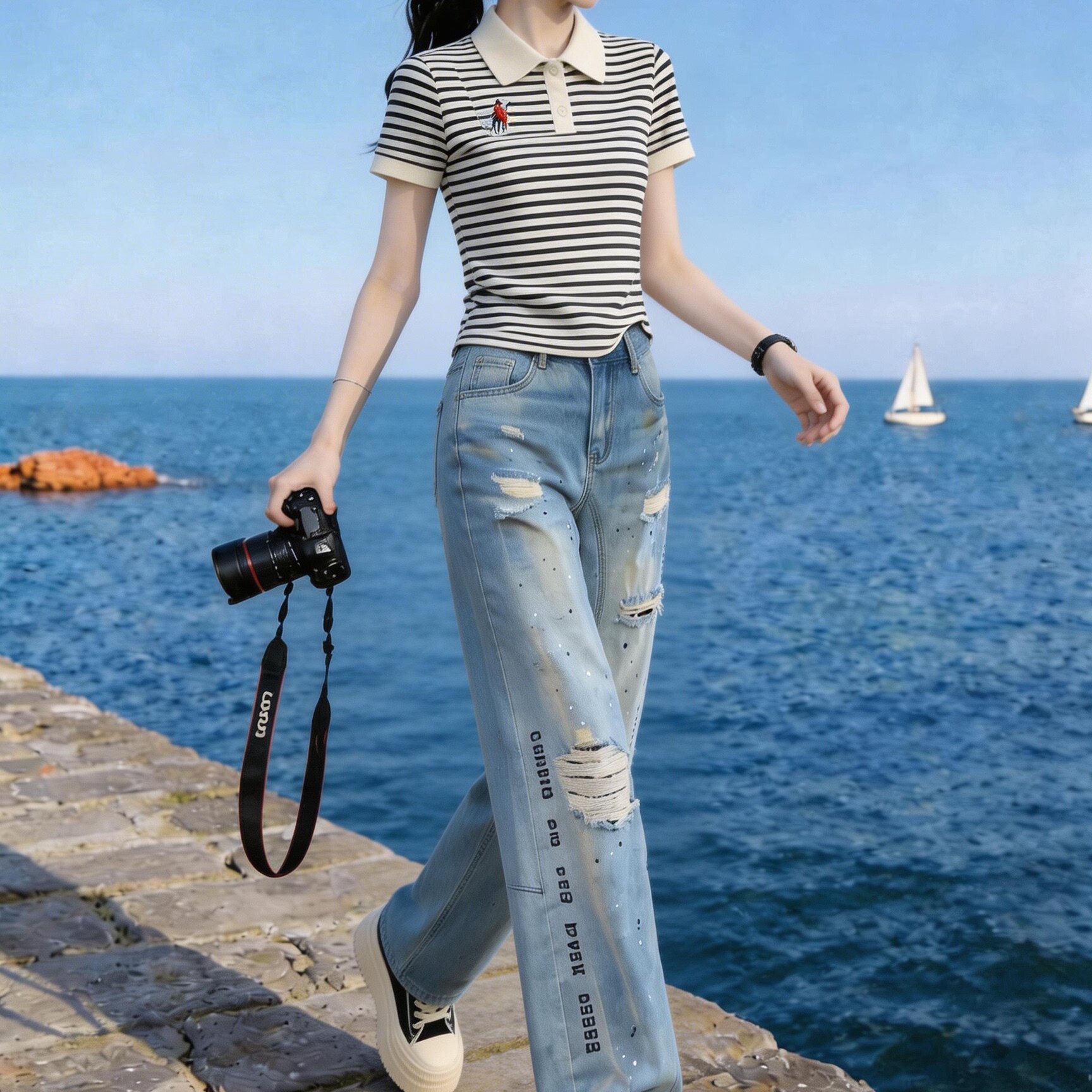 韩版条纹POLO衫破洞牛仔裤套装女2026新款夏季休闲两件套减龄洋气