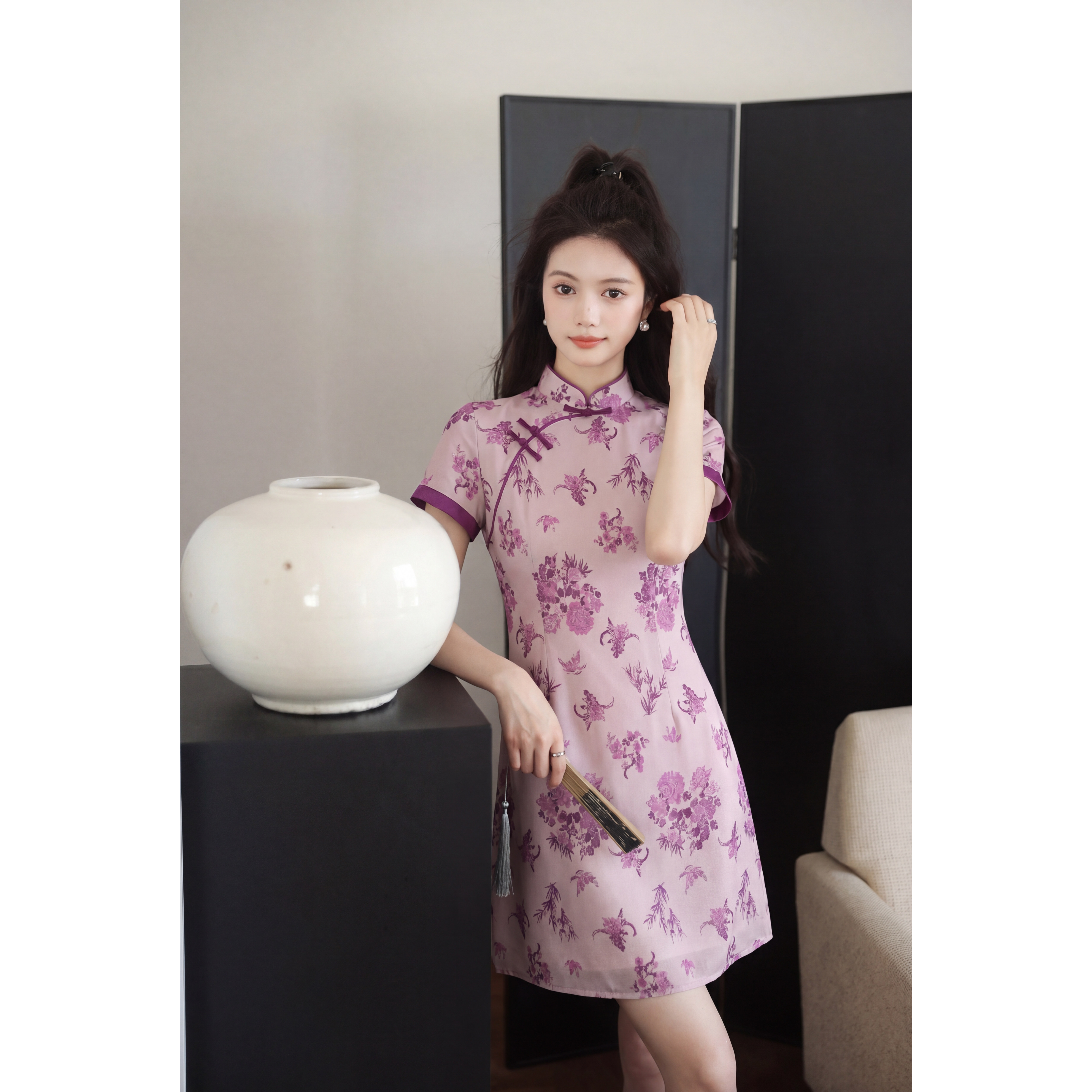 新中式紫色连衣裙女夏季小众设计高级感气质减龄遮肚子显瘦旗袍裙