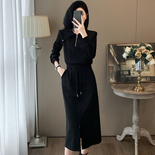 上衣半身裙时尚 减龄显瘦黑色长袖 两件套 秋季 欧货气质卫衣套裙女装