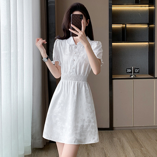 夏季气质小个子白色法式小众中长款娃娃领设计感减龄收腰连衣裙女