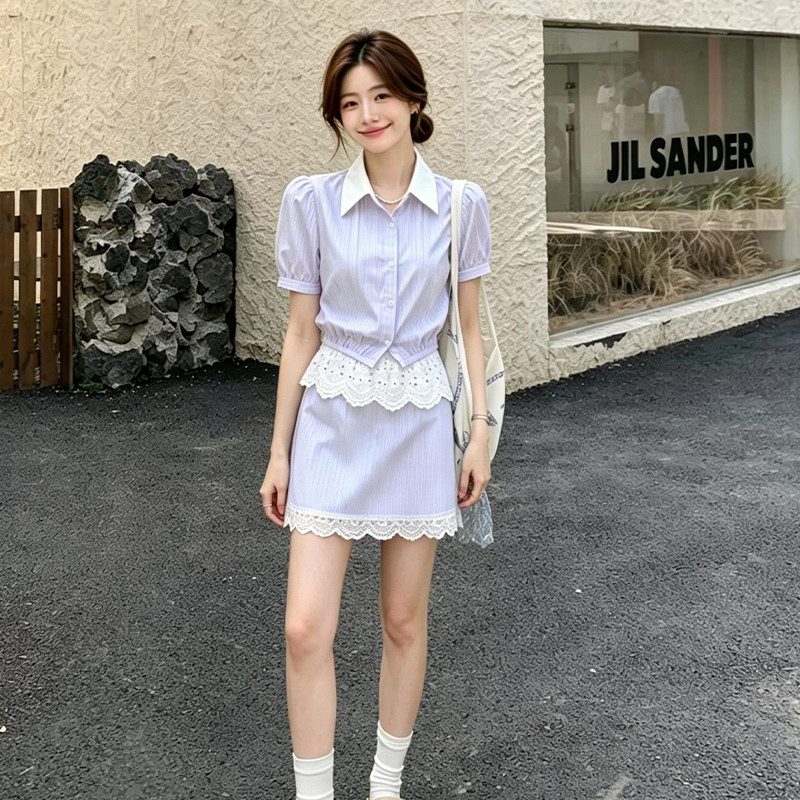 韩系蓝白条纹衬衫蕾丝裙两件套